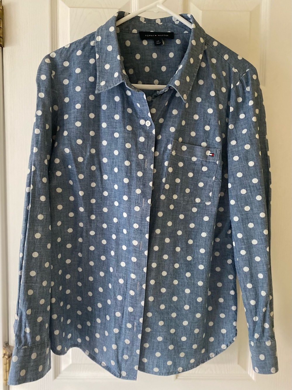 Tommy Hilfiger Blue and White Polka Dot Shirt with Signature Flag